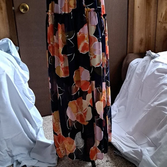 Maurices sundress, size M navy blue with orange, pink, taupe, and olive green - Picture 5 of 6